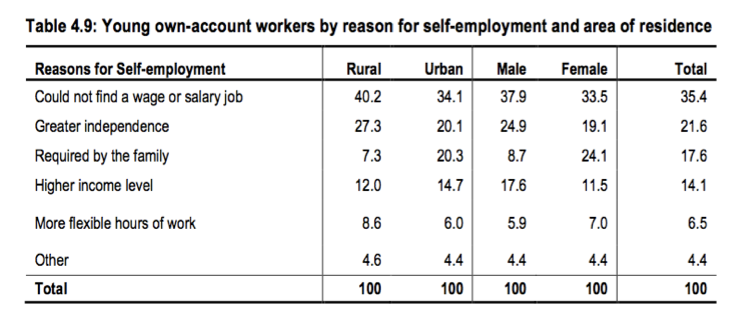 A table of the reasons young workers give for self-employment, divided by urban/rural and male/female