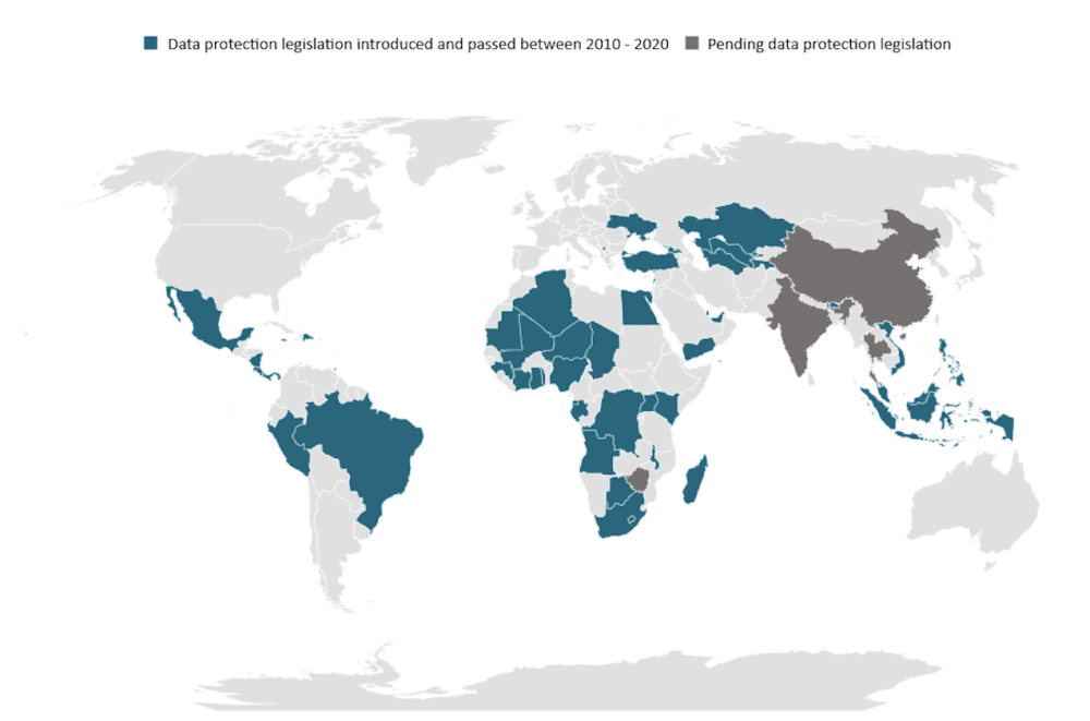Map showing the countries that have passed data privacy laws since 2010, mostly low and middle income countries. It also shows the countries that have pending legislation
