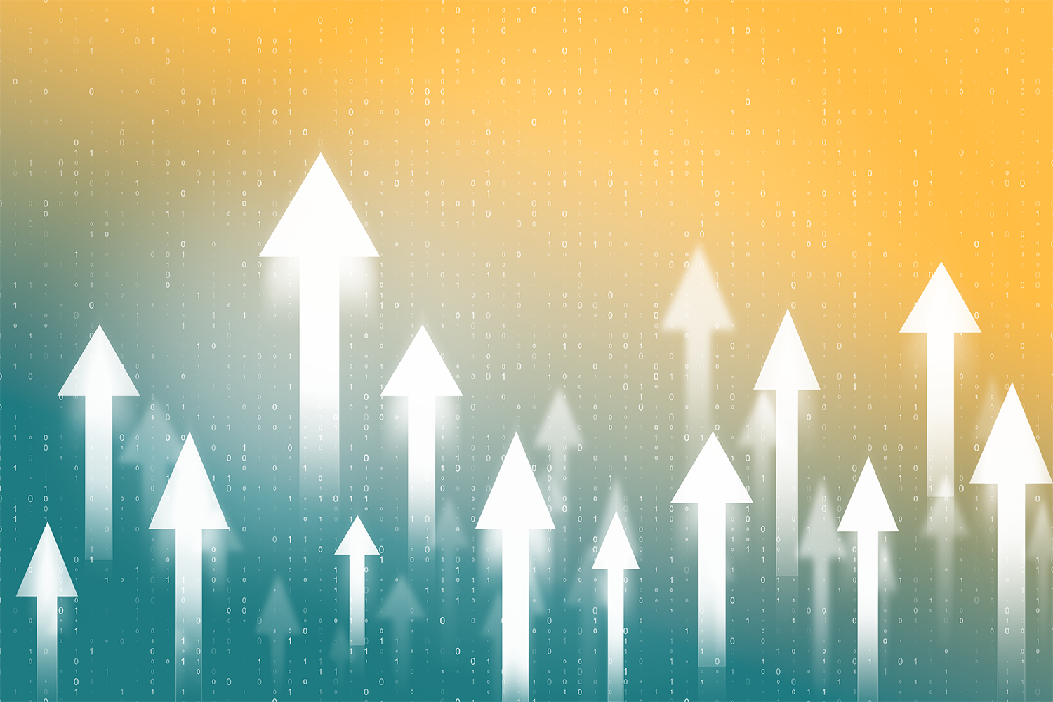 A series of arrows pointing upward, teal and gold gradient background