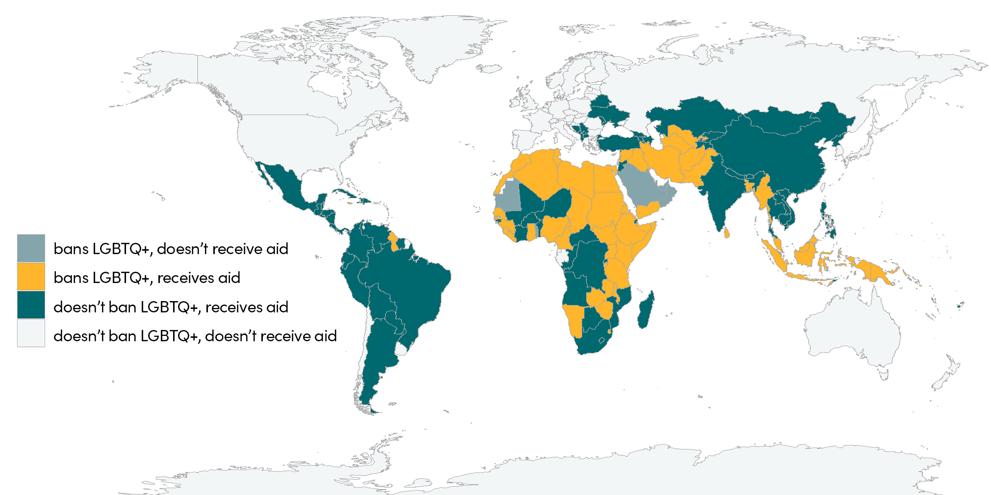 In around 70 countries it is still illegal—and in many cases punishable by death or imprisonment—to love who you want to. Half of these countries are in Africa and more than half are Commonwealth countries. Figure 1. Countries that criminalise LGBTQ+ people, by whether they received aid from UK in 2020