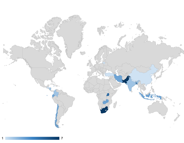 World map showing studies on maternal mental health. Bangladesh, South Africa, Pakistan had the most studies. 