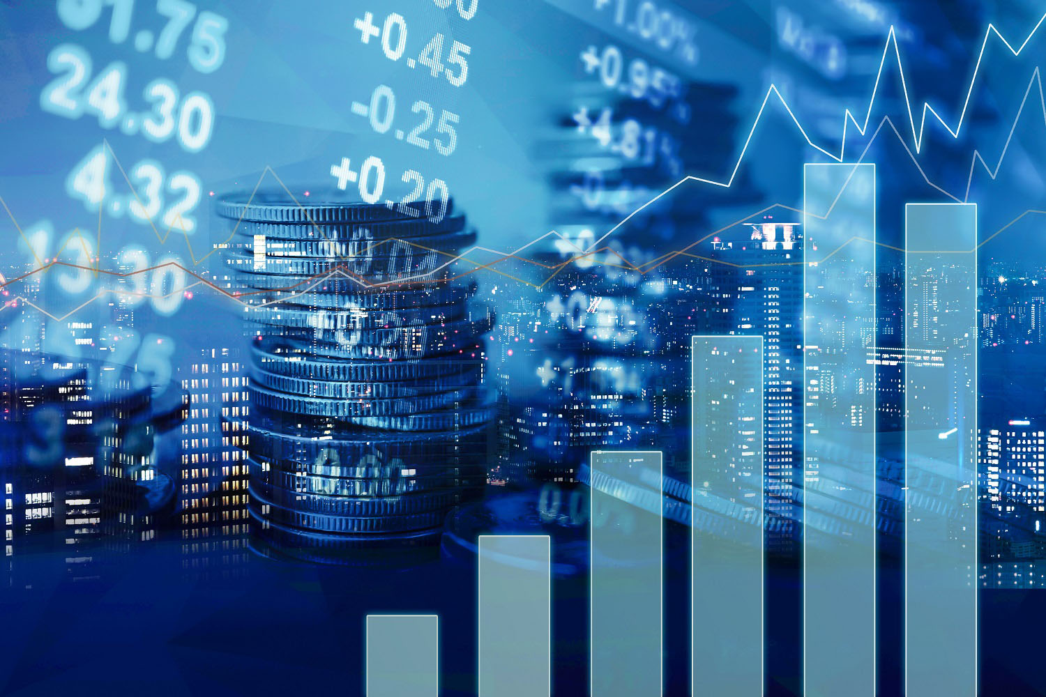 Double exposure of graph, stock display and rows of coins for finance and banking concept