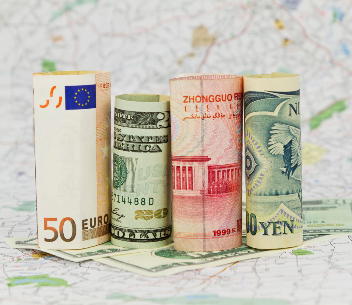 Four Currencies, Euro, Dollar, Yuan, and Yen