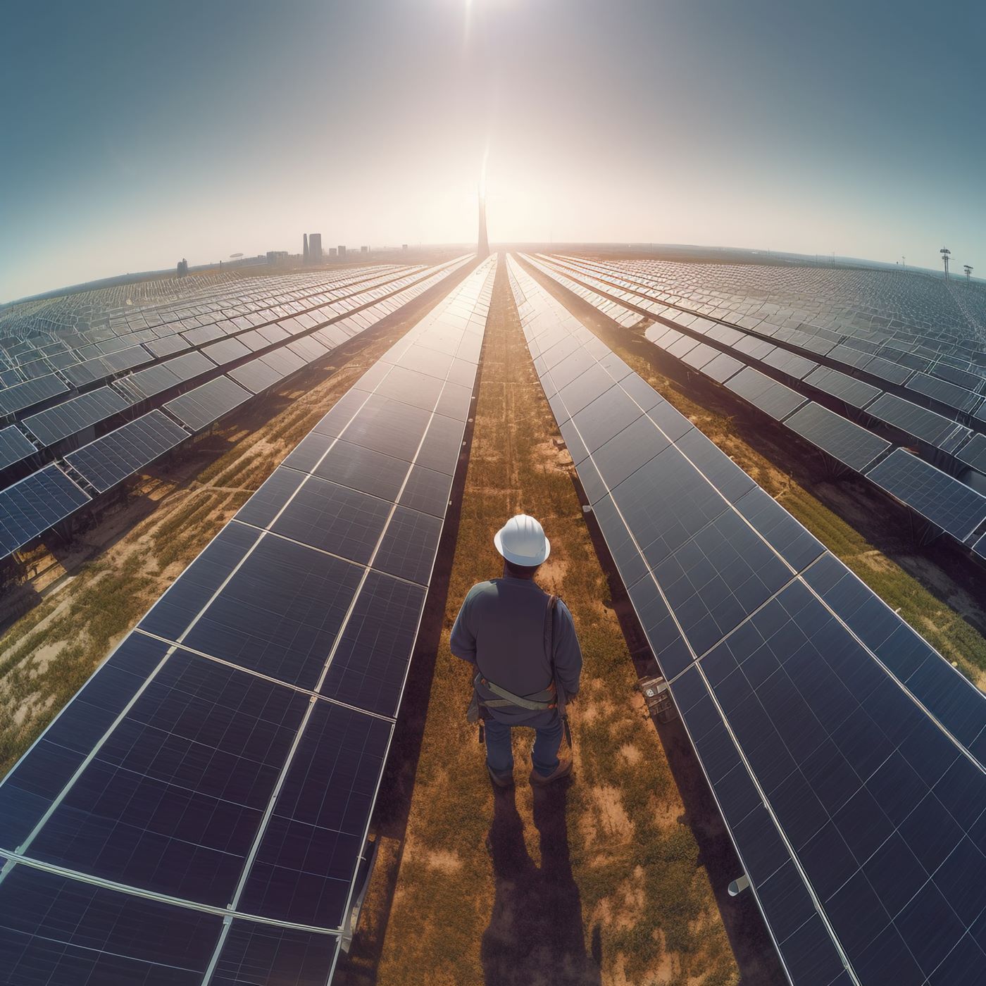 Man walking in a field of solar panels