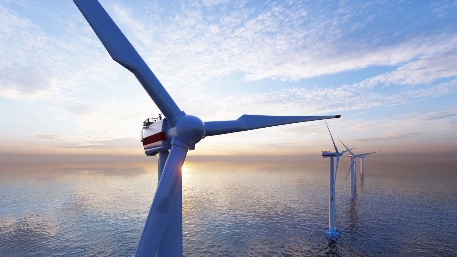Offshore wind turbines farm on the ocean.