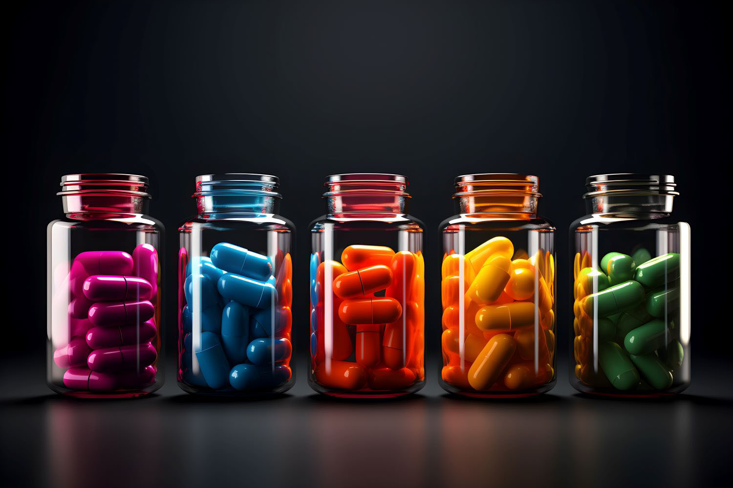 Colorful capsules in glass bottles, set on black background. 