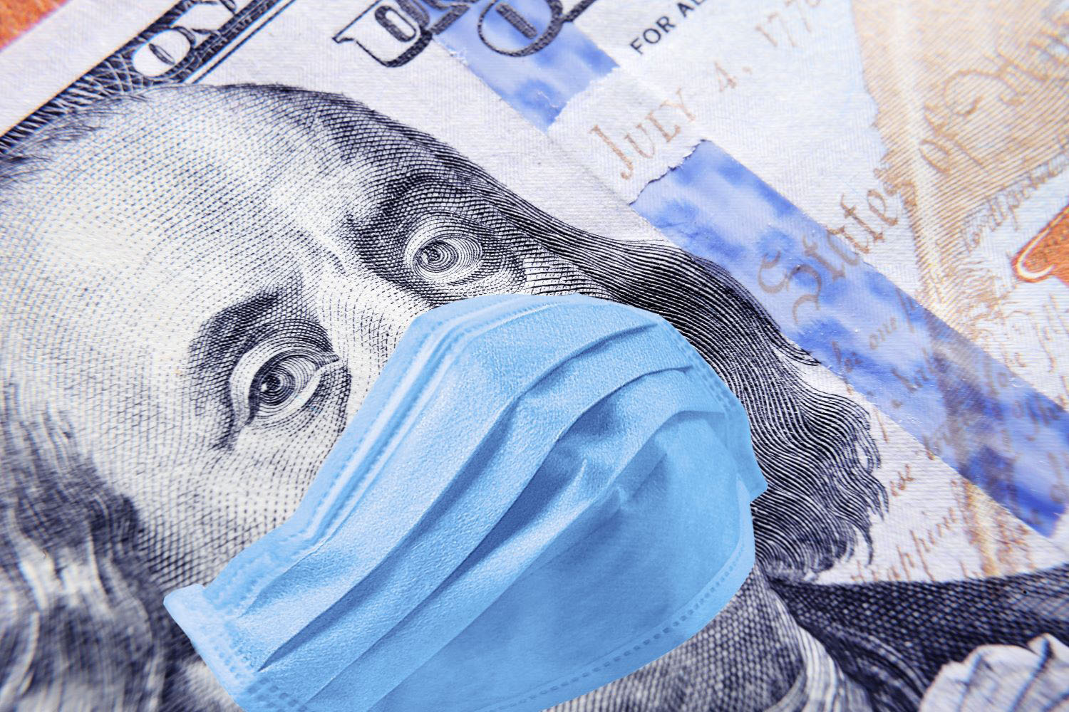 100 dollar banknote with a face mask against CoV infection.