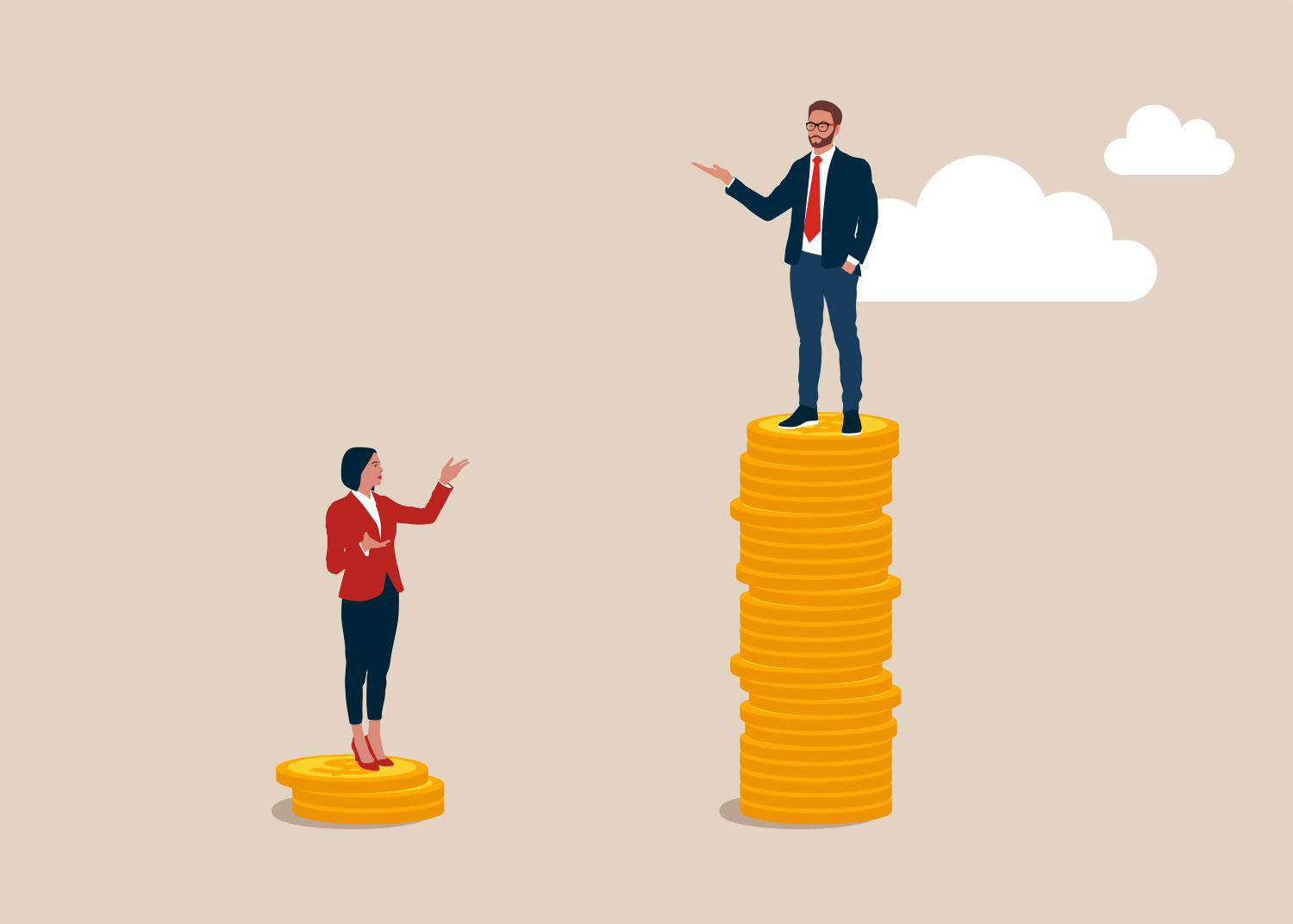 Man standing on much more paid money coins, woman on less small income coin Gender pay gap,