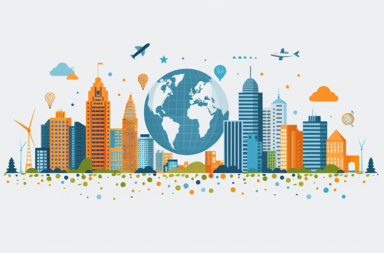 Illustration showcasing global urban development with diverse buildings and transportation under a large globe.