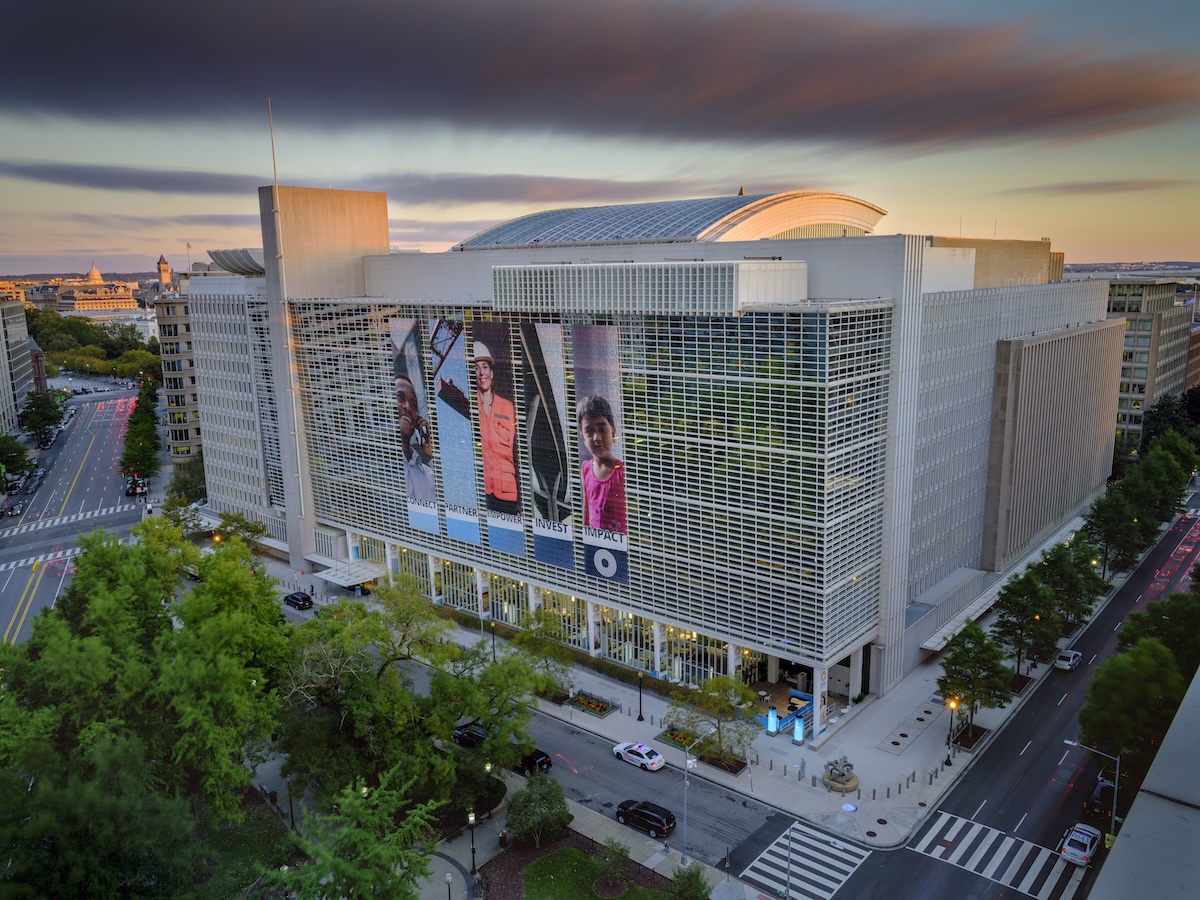 A wide shot of the World Bank headquarters building in Washington, DC