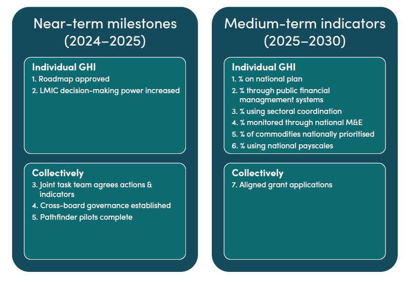 Image of 2 boxes summarizing milestones and indicators. Box 1: Near-term milestones (2024 - 2025). Box 2: Medium-term indicators (2025-2030).