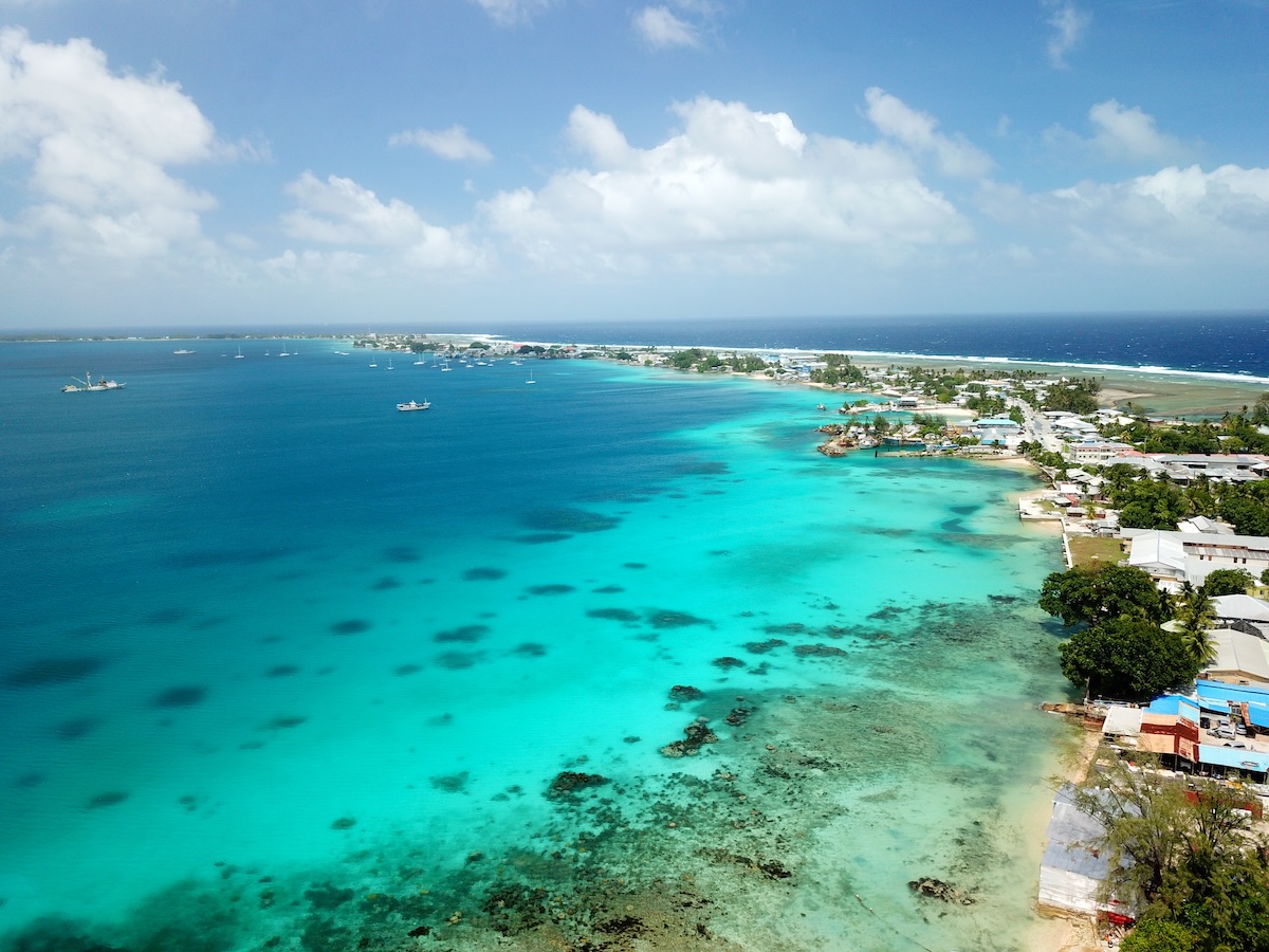 Aerial shot of a town in the Marshall Islands