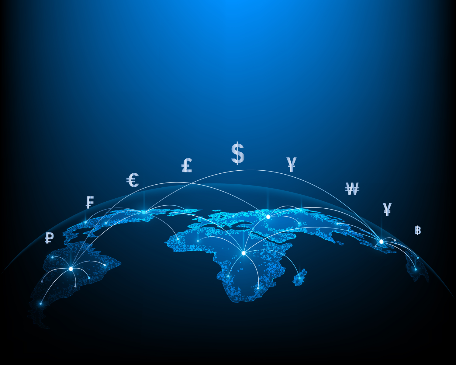 Concept network of money transfers and currency exchanges between countries of the world