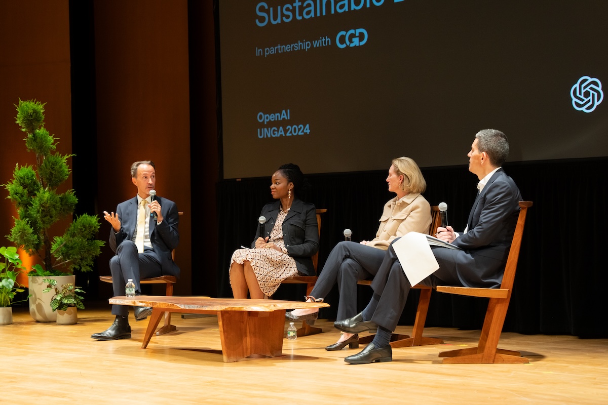 Panelists on stage at the CGD-OpenAI event at UNGA in September 2024