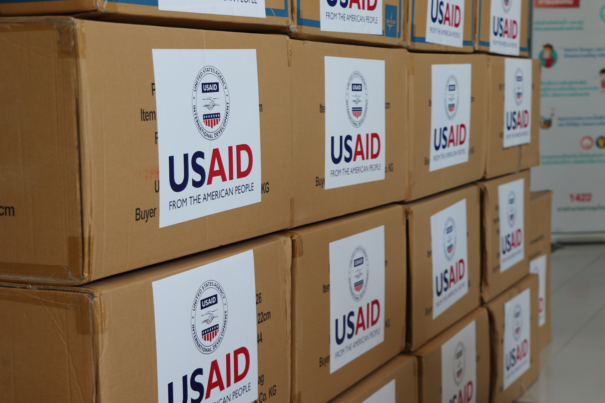 Stack of boxes marked USAID