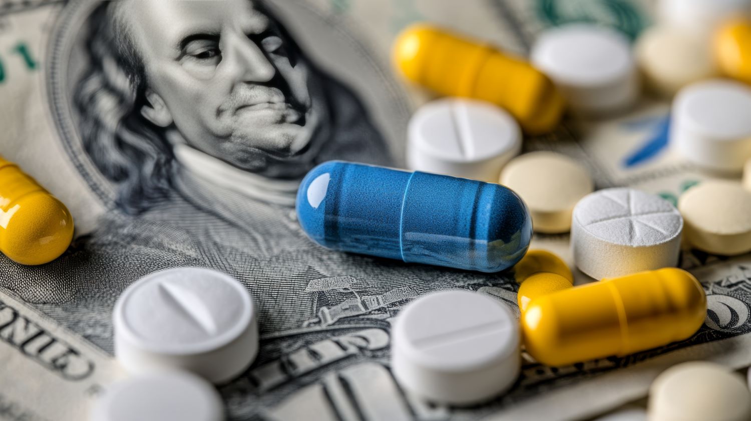 A dollar bill covered with pills and tablets.