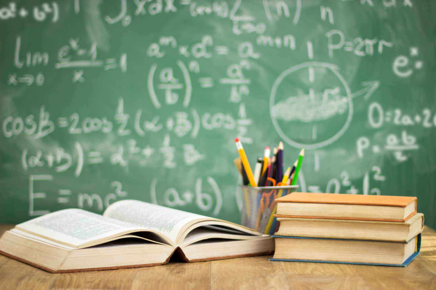 School books on desk.