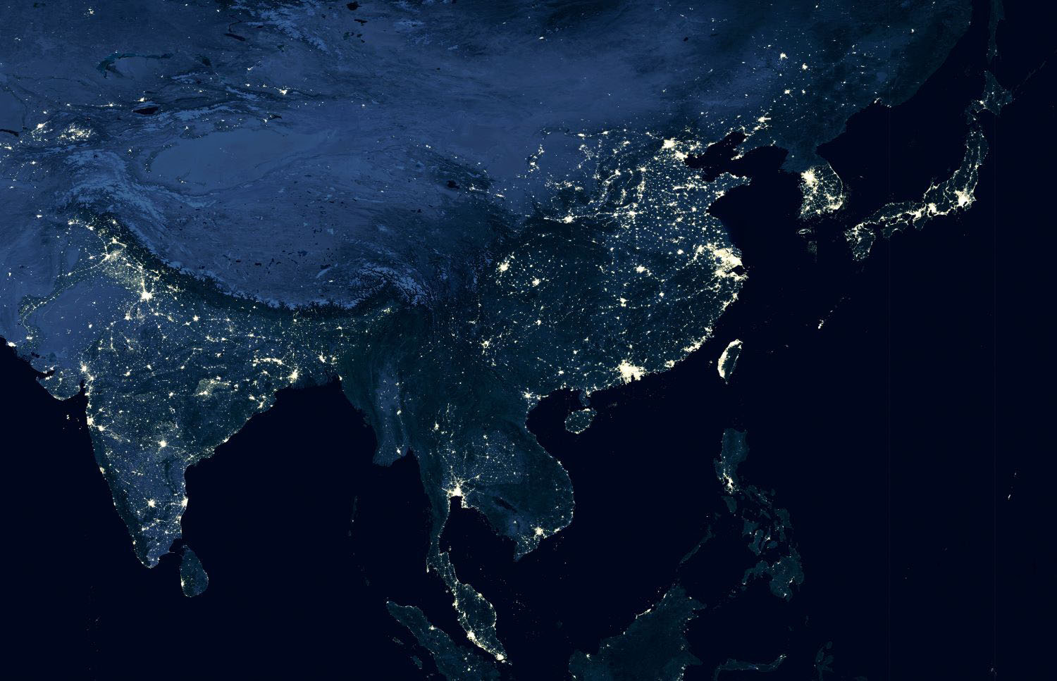 East Asia satellite view at night. 