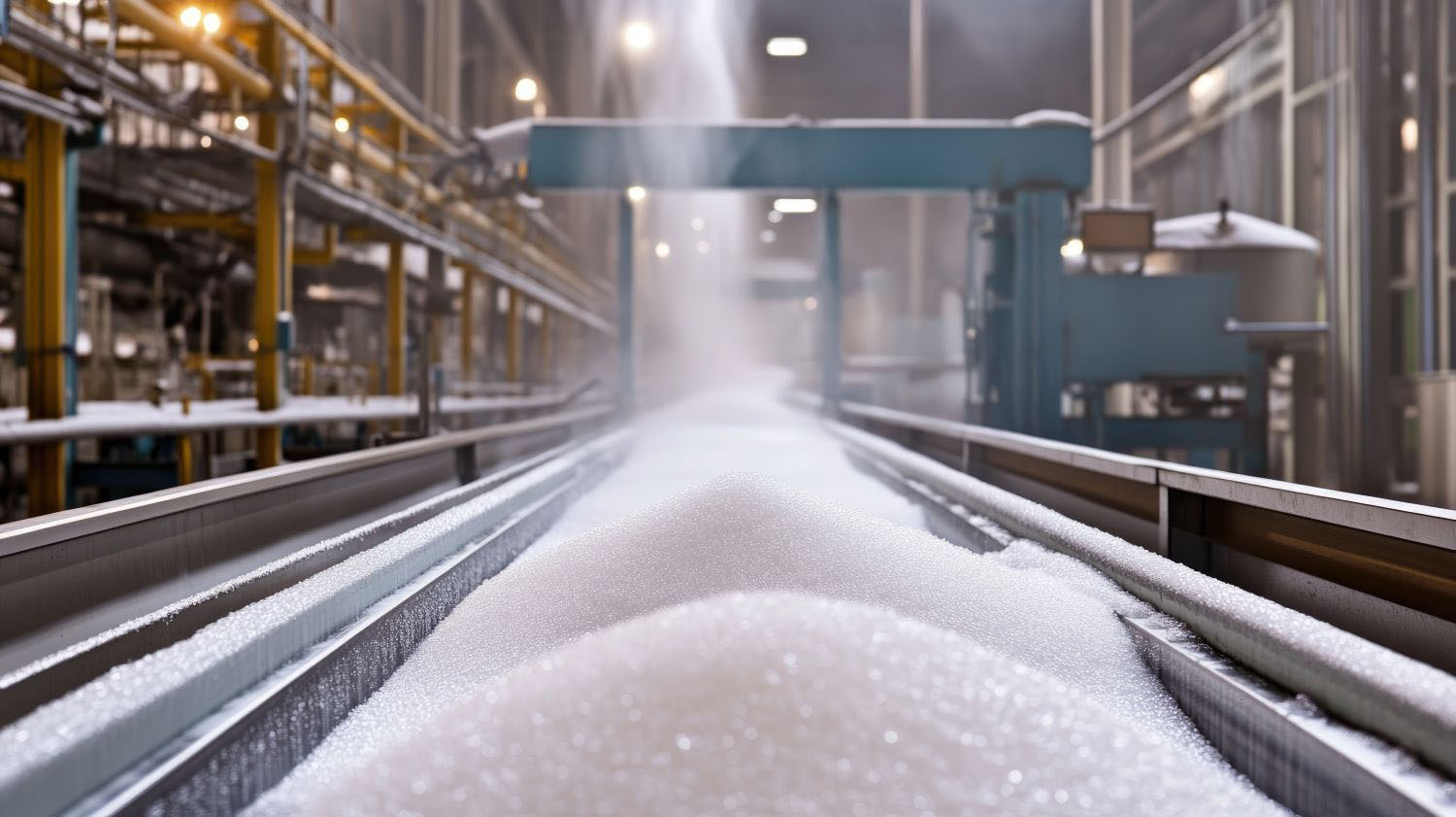 Machines in a sugar factory facilitate the transportation of sugar along the production line 