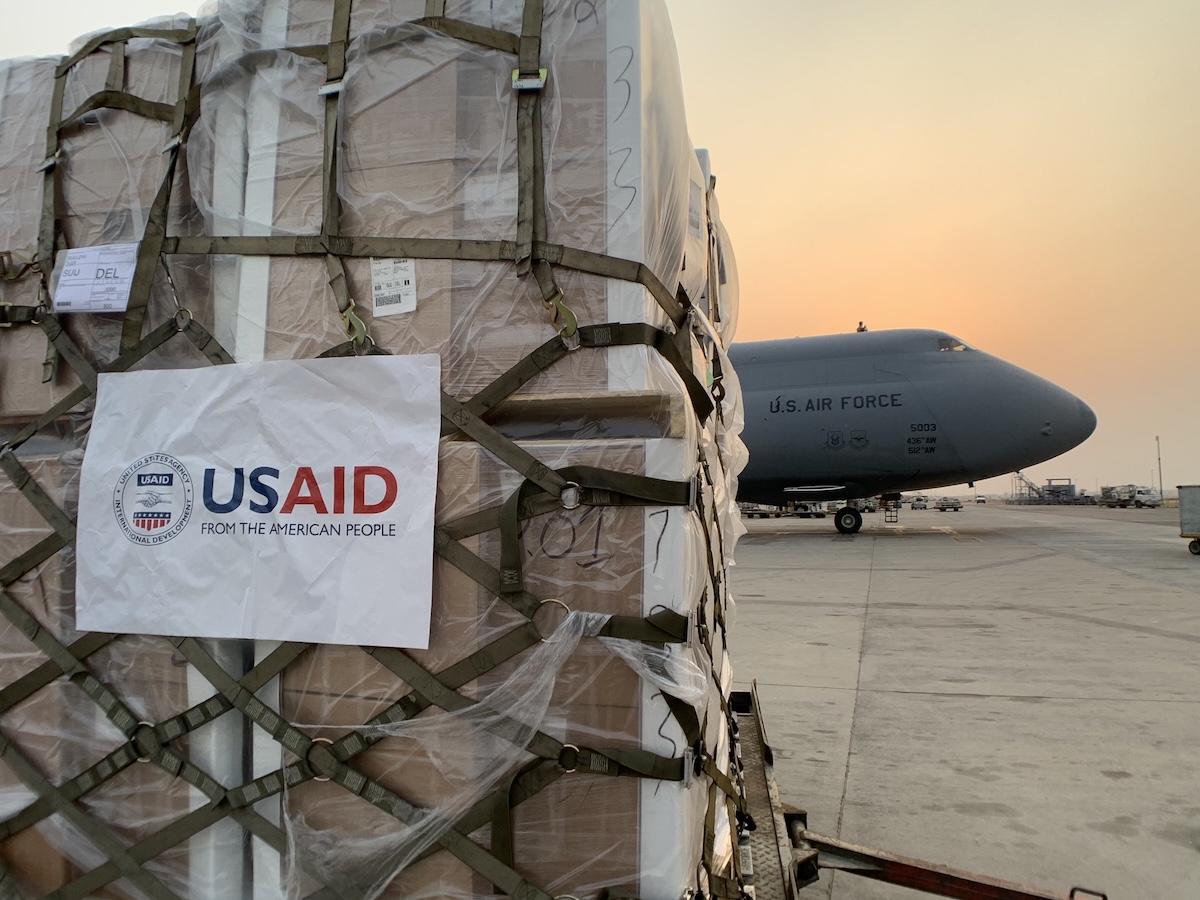 A USAID crate of relief supplieson the tarmac