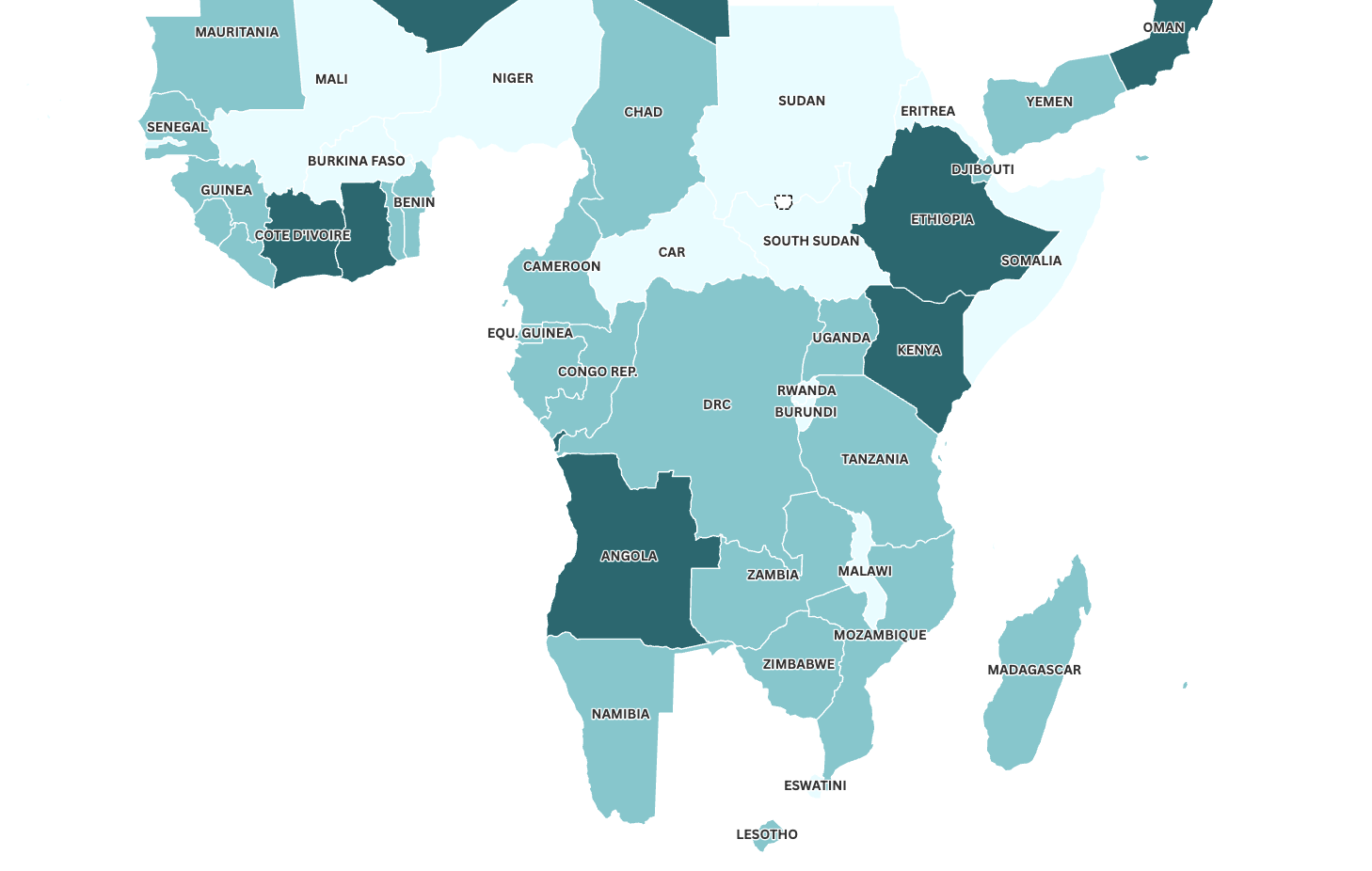 A close-up from the map of countries with less than 5 billion in exports to the US focusing on sub-saharan africa