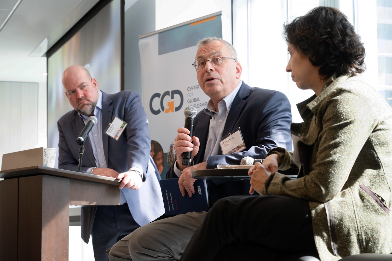 Markus Goldstein (left), Douglas Gollin (center), and Rohini Pandi (right) at the event on gender and structural transformation. 