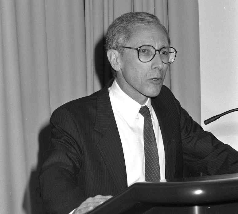 A black and white photo of Stanley Fischer