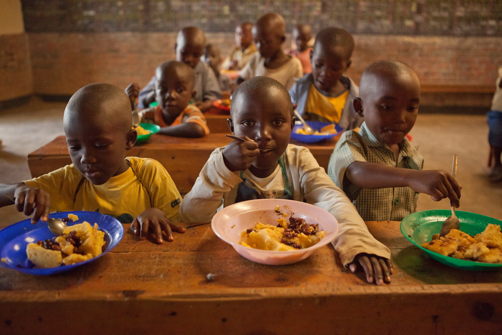 Students enjoy a warm meal in their classroom