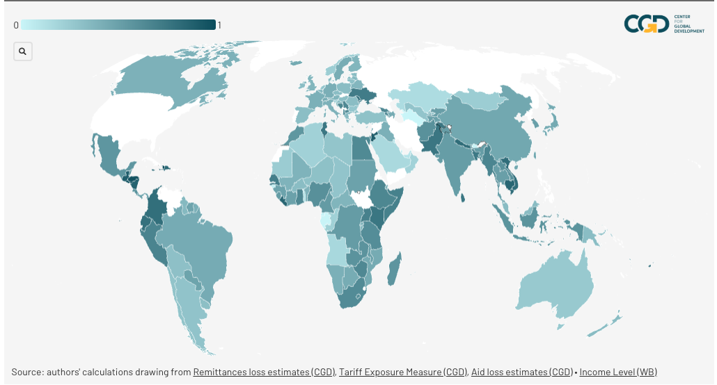 Map showing the countries that are the hardest hit by new US foreign policy measures