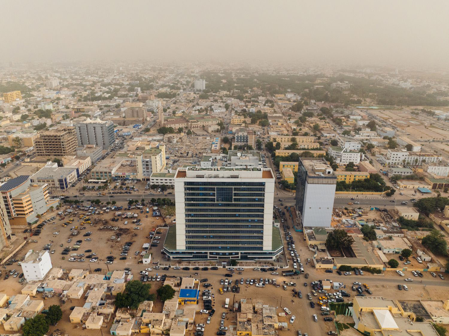 Aerial view of a sprawling city in Nouakchott, Ksar, Mauritania.