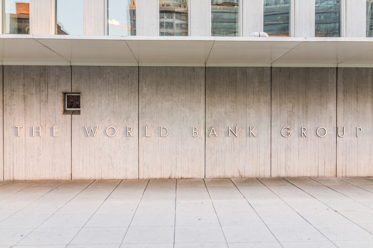 An image of the World Bank name on the wall of the headquarters building