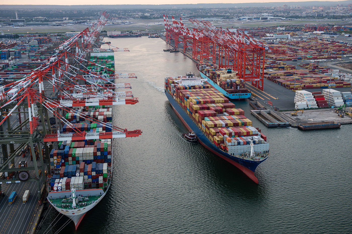 Aerial shot of cargo vessels at Port Newark.