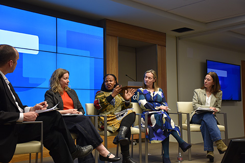 From left to right: David Evans, Karen Devries, Hope Wambi, Laura Savage, and Maria Mercedes Mateo-Berganza Diaz sit on a stage and discuss what can be done to prevent violence in and around schools at CGD’s policy panel on school-related violence prevention and response in February 2026. 