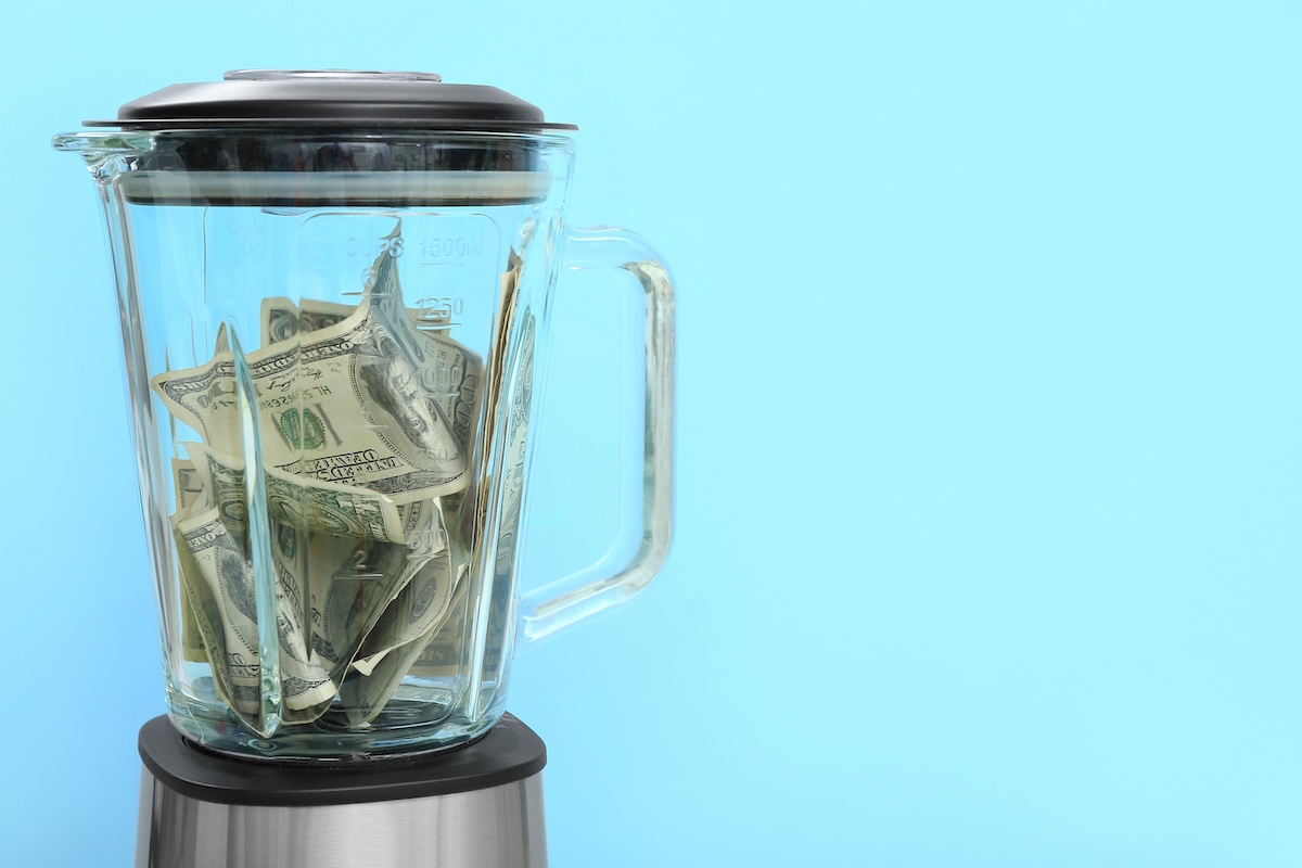 Stock image of money in a blender (pun)