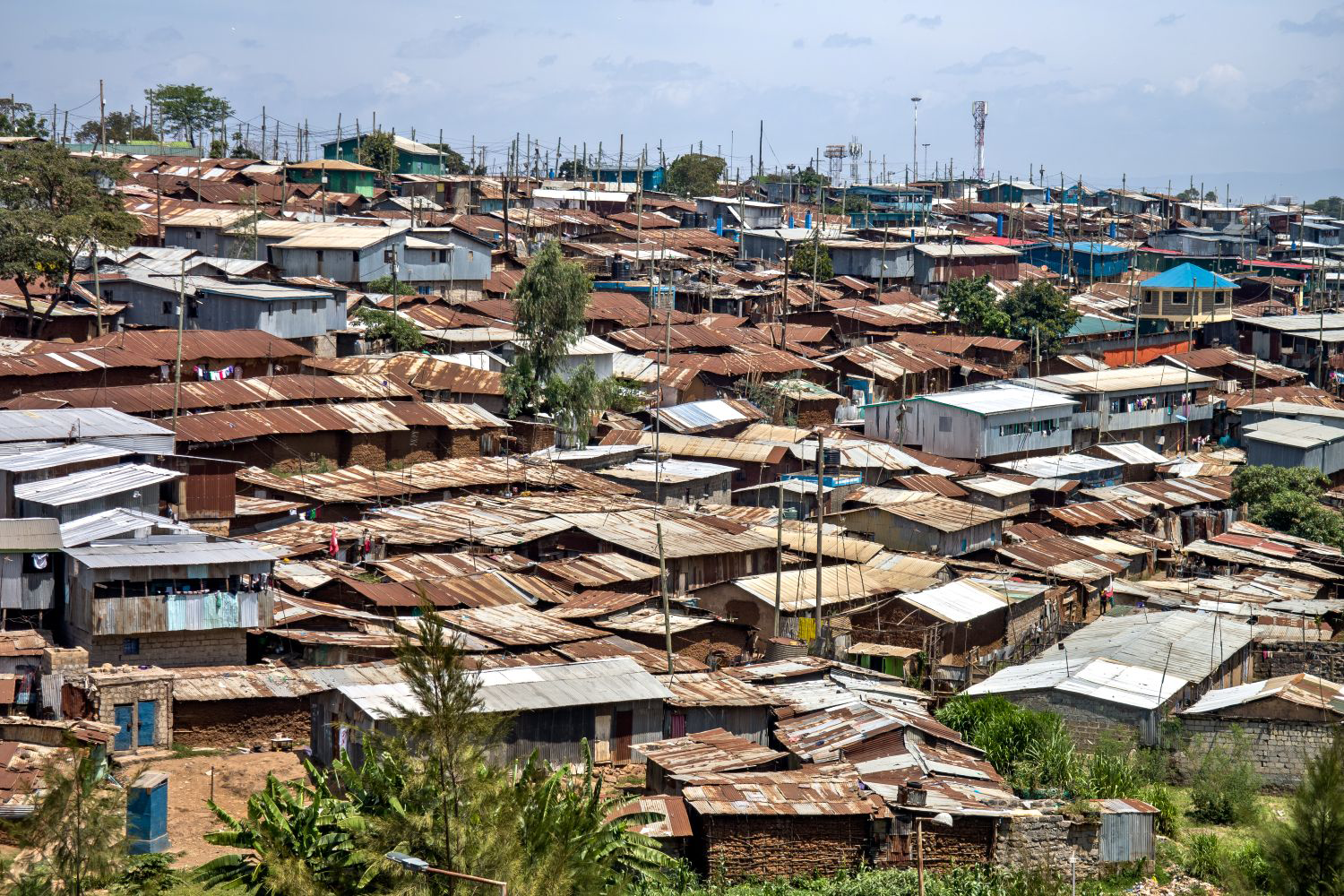 View of corrugated iron huts at the Nairobi downtown Kibera neighborhood, Nairobi, Kenya