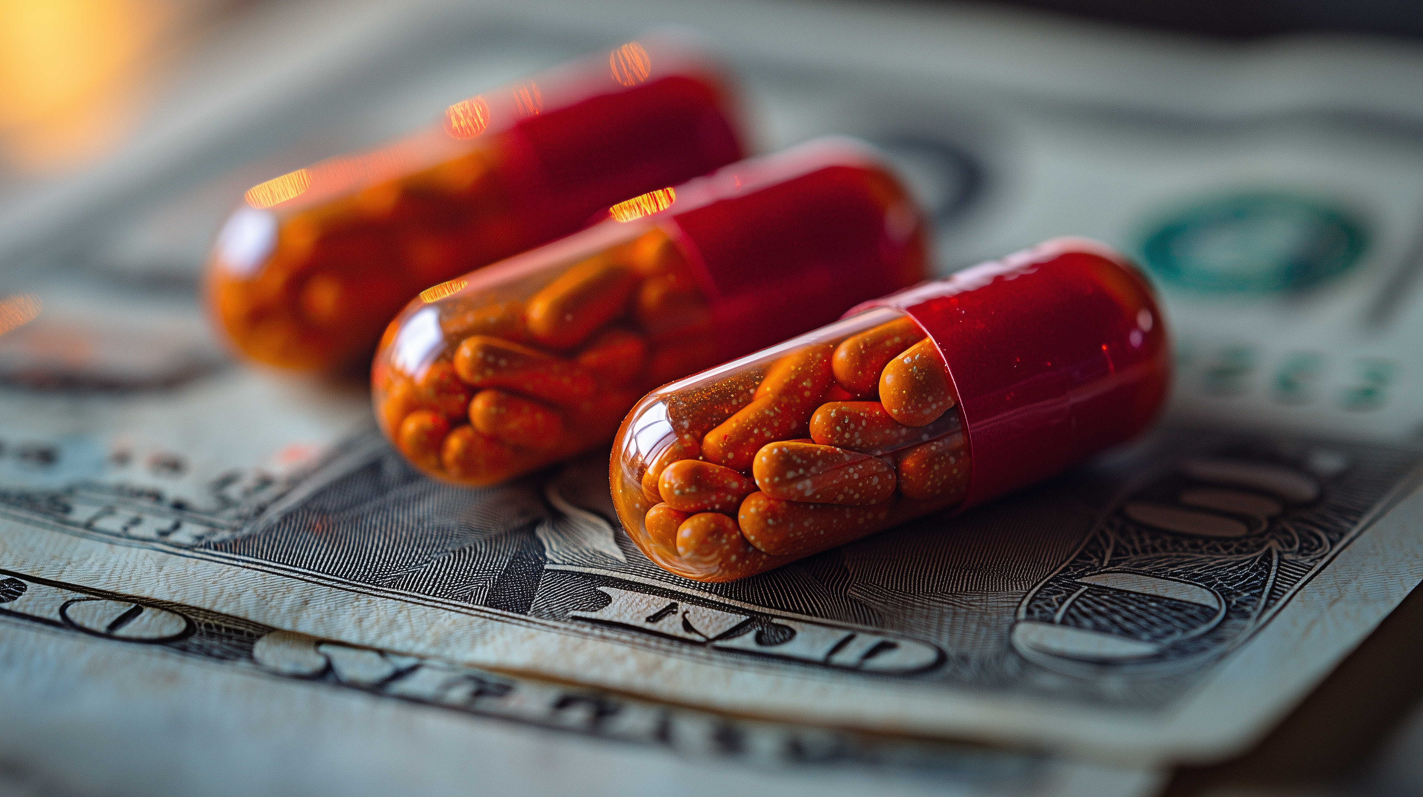 Capsules on dollar bills show the cost of healthcare and drugs