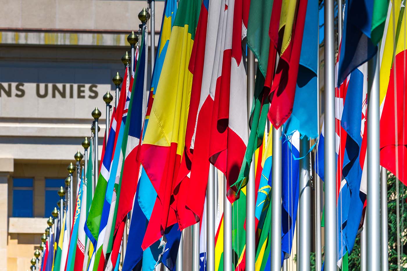 International flags at UN office in Geneva