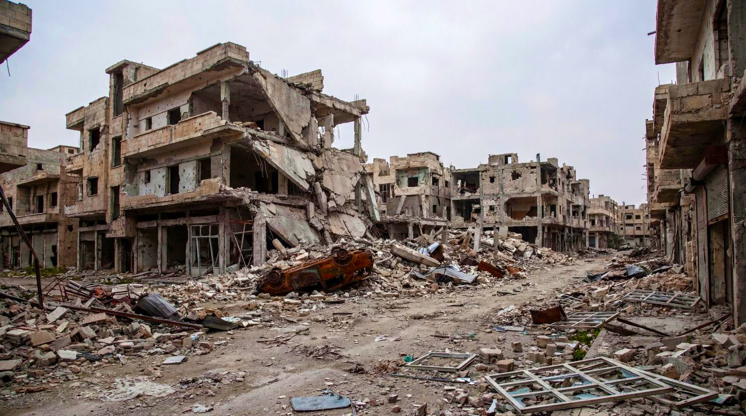 Extensive urban destruction, with collapsed buildings, rubble, and a burnt-out vehicle.