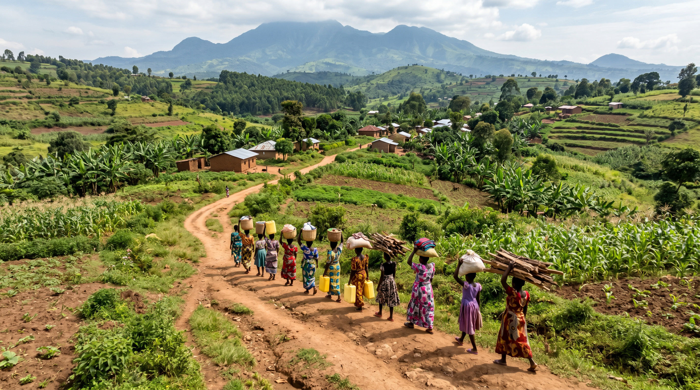 Aerial view of a group of women and girls carrying tools and food on their heads, Mbale, Uganda