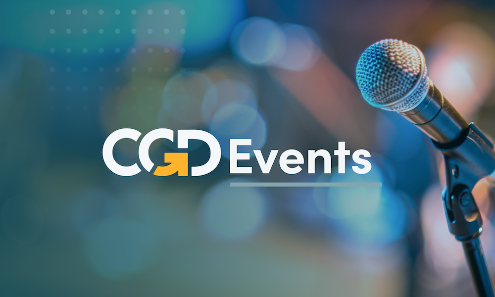 Microphone with blurred background, and text overlay for social media: #CGDEvents