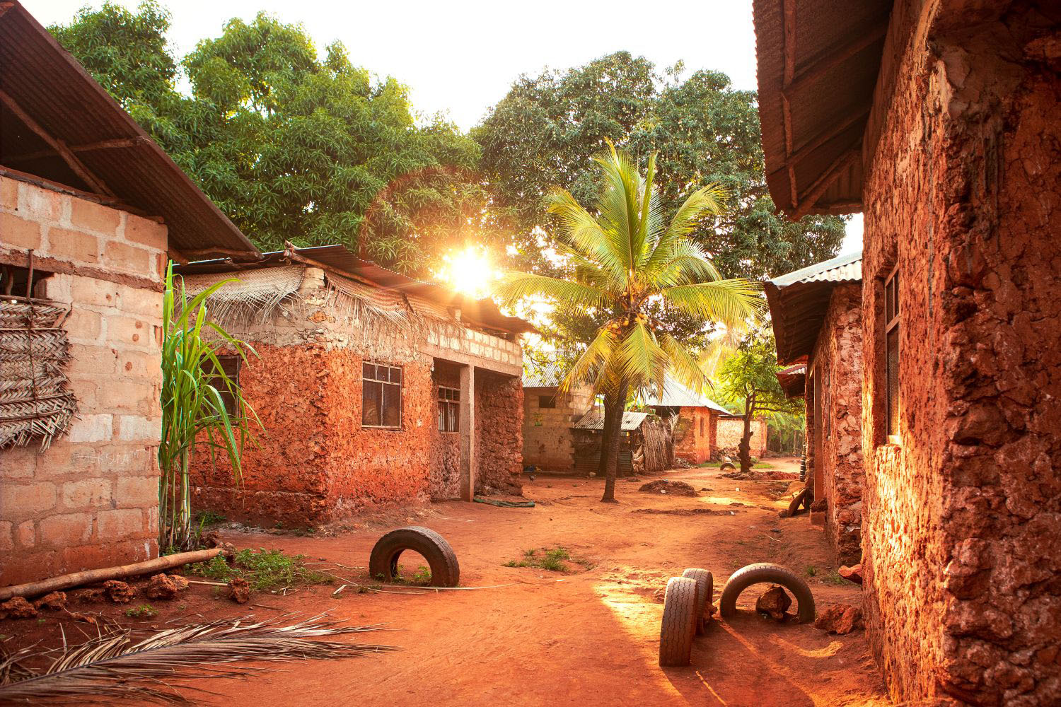 Sunset over an African village with palm trees.
