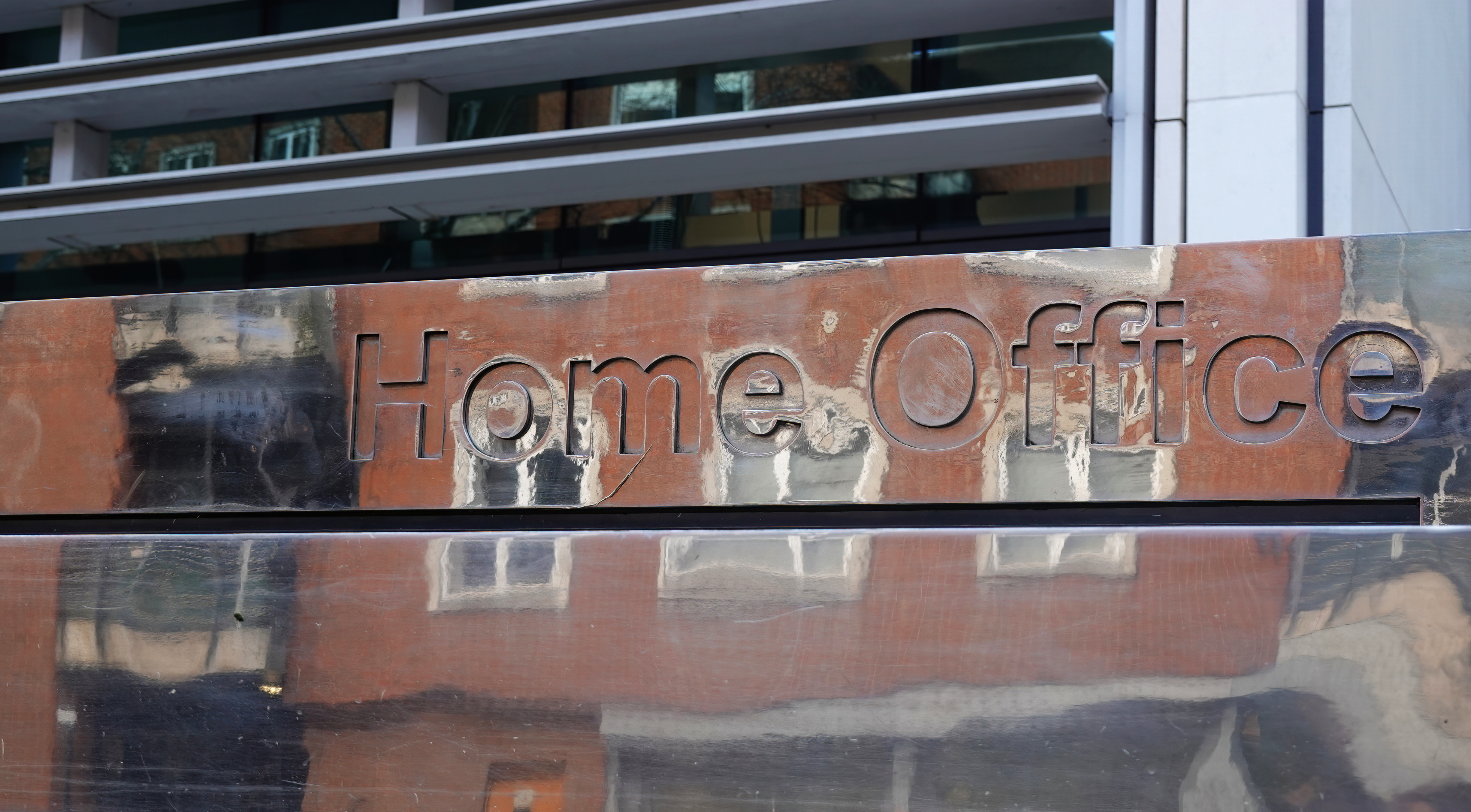Closeup of the sign for the Home Office, a British Government Department in Westminster, London, UK