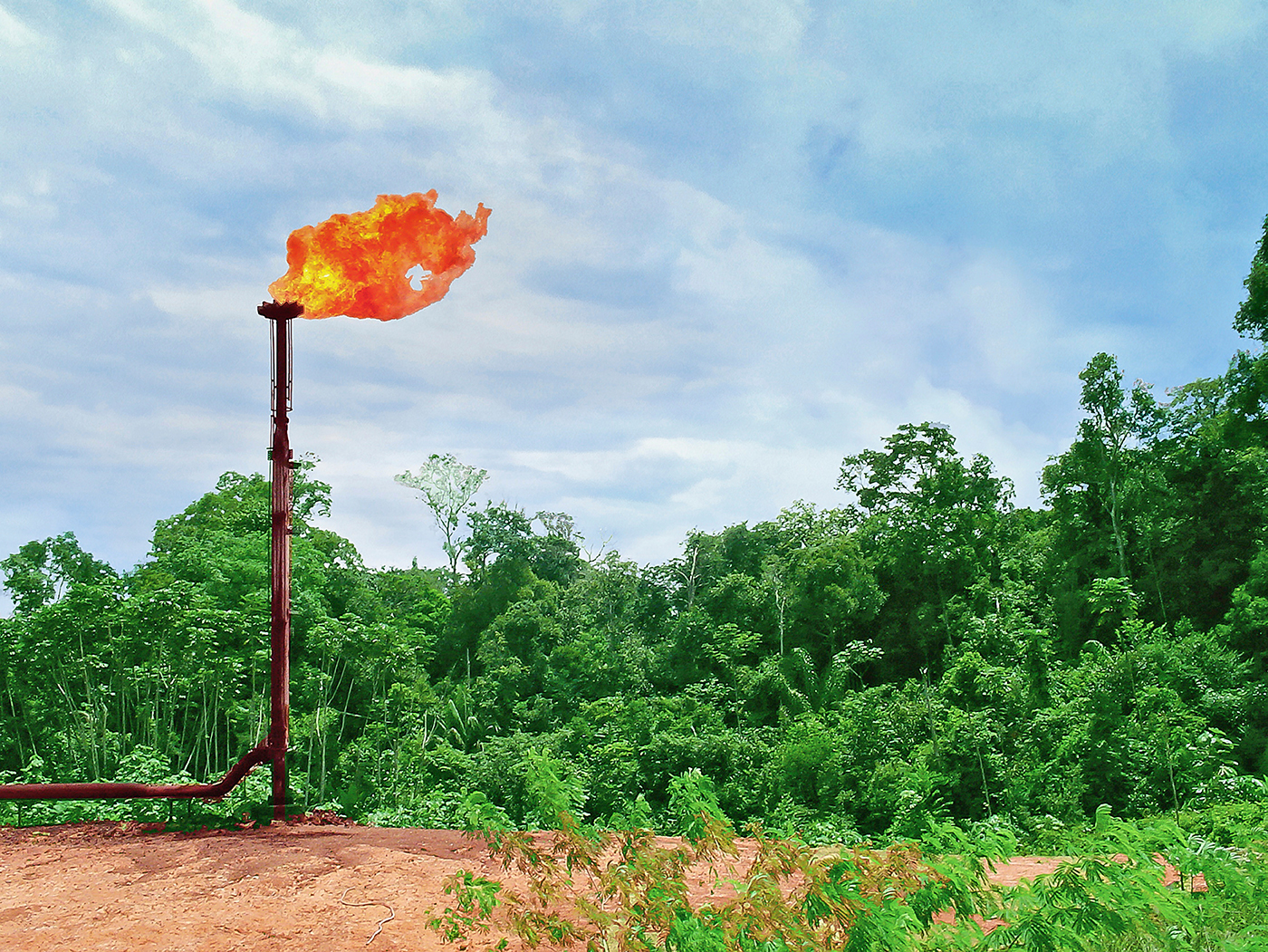 Unused natural gas flare for production and transportation by pipeline, in the middle of the Amazon rainforest