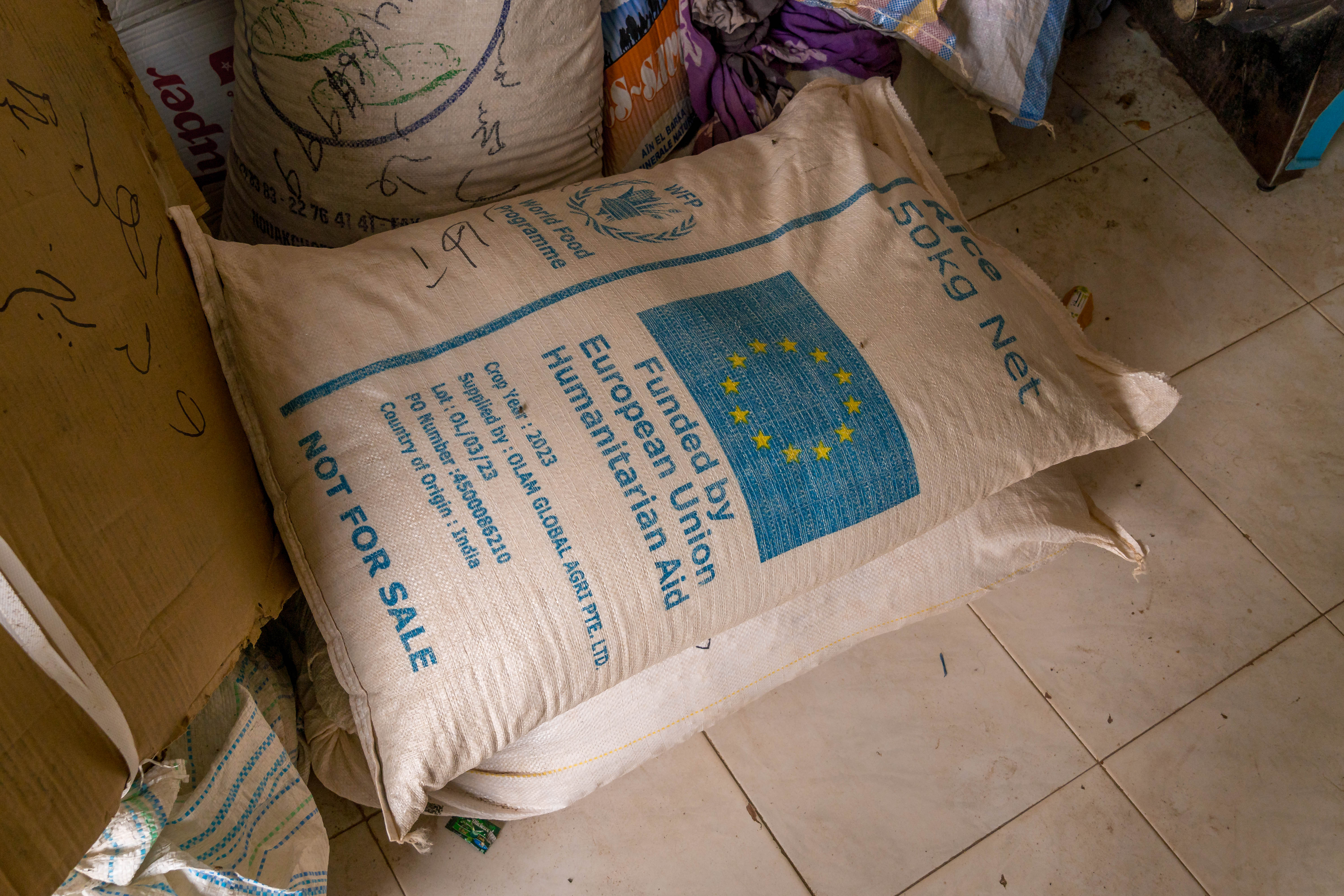 EU humanitarian aid food sack, highlighting relief distribution, poverty conditions and economic hardship in a crisis context, at Atar, Mauritania