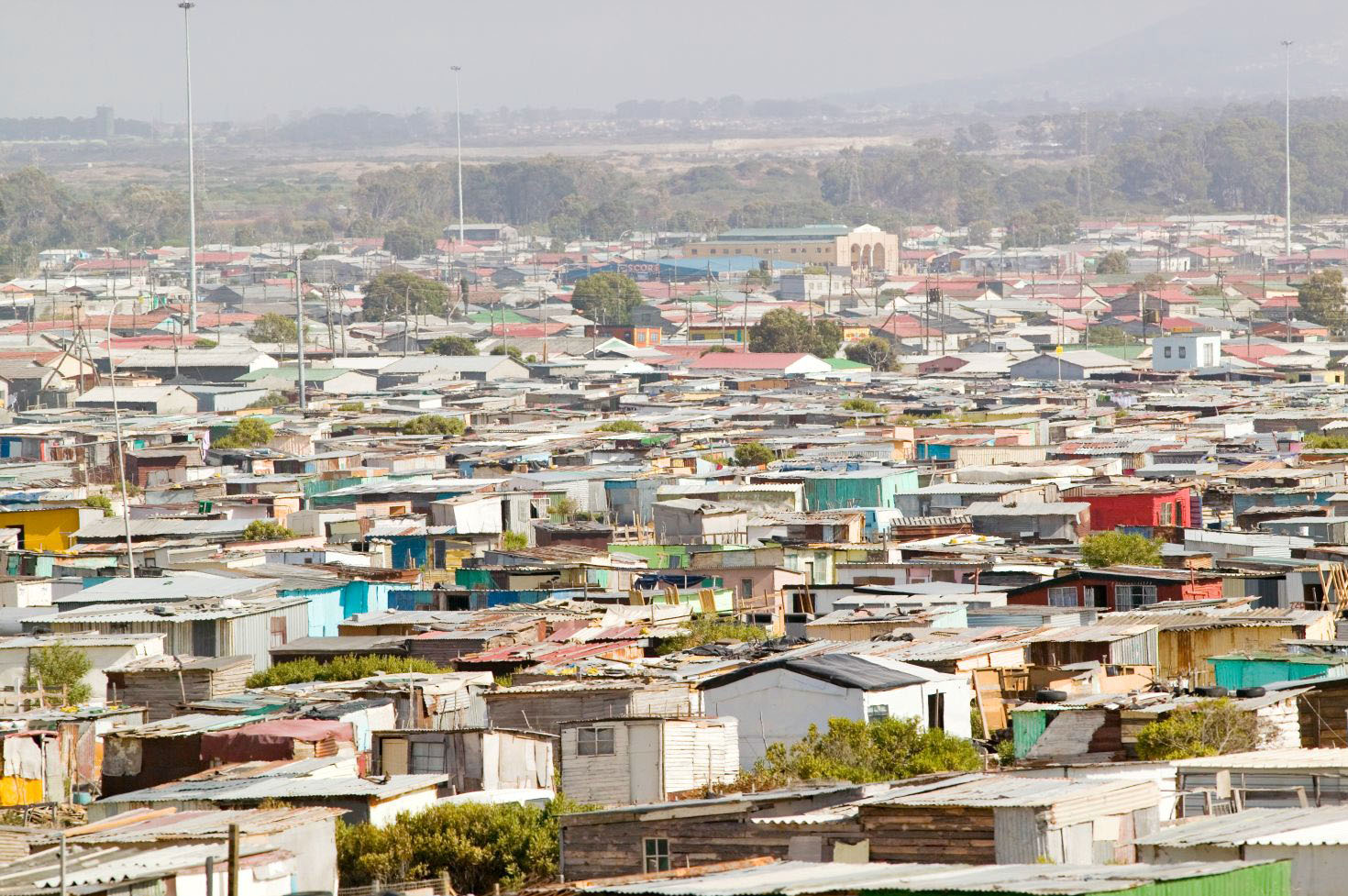 Elevated view of shanty towns or squatter camps, in Cape Town, South Africa.