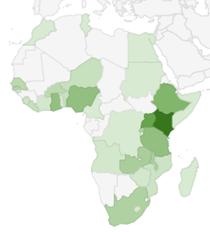 A map of the African continent with countries with more studies in darker shades of green.