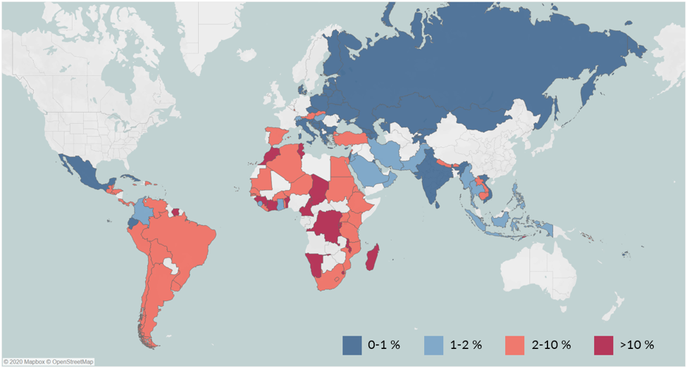 Map showing primary repetition rates around the world. Many countries in Latin America and Africa are high