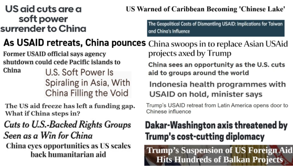 Image showing multiple news outlet headlines on US soft power surrender to China