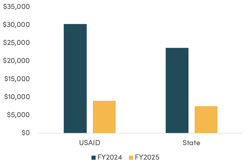 The Ongoing Crisis, USAID and State Department new obligations FY2024 (full  year) and FY2025 (through June 17) $m