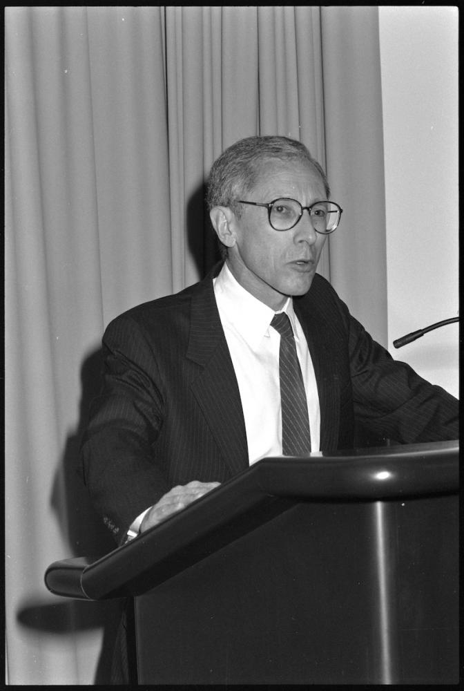 A black and white photo of Stanley Fischer